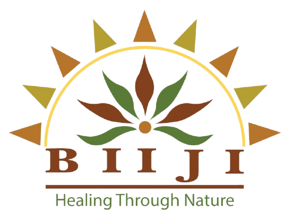 Logo with sun and leaves symbolizing nature and healing.