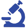 Blue microscope icon symbolizing scientific research.